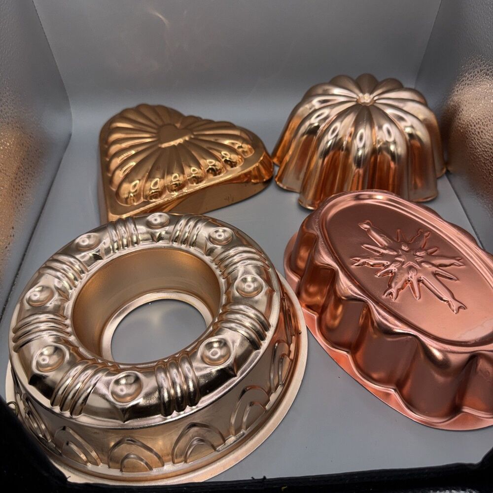 Lot 4 Copper Cake Pan Gelatin Mold Wall Hanging Art Kitchen Cottage Grandma Core
